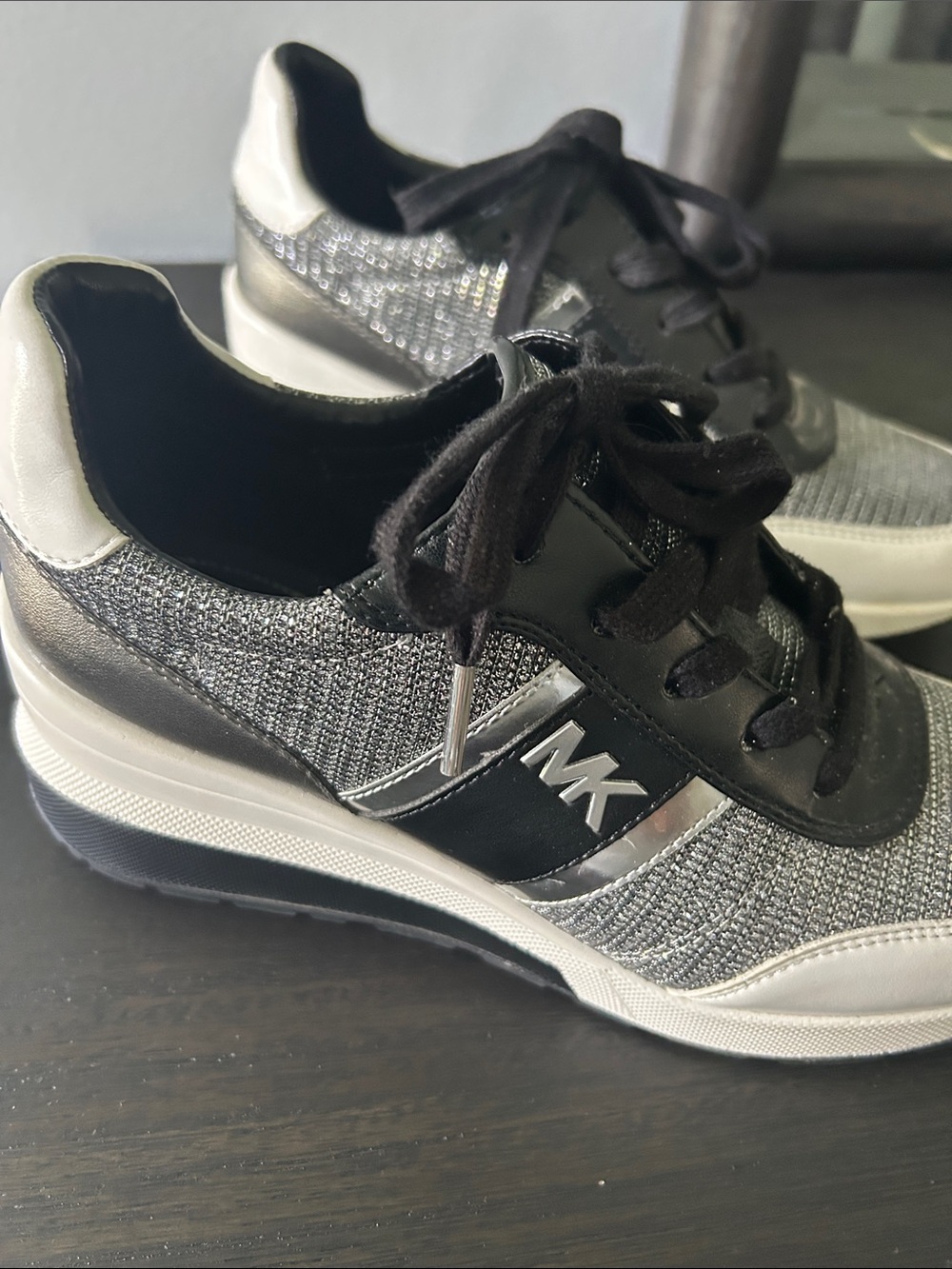 Michael Kors Womens Black & Silver Knit Lace-Up Sneakers with White Trim - Picture 2 of 7